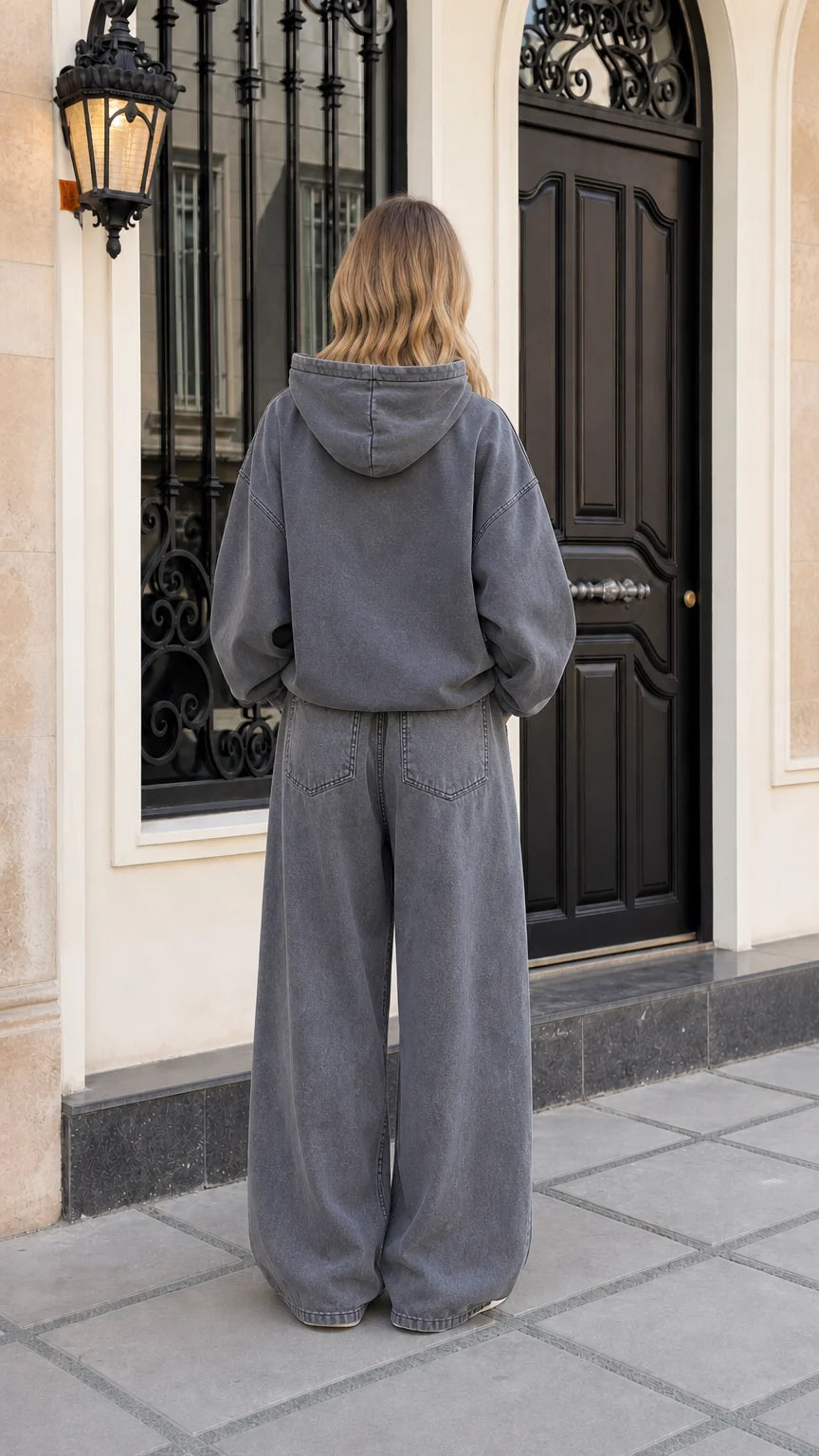 Women's Vintage Washed Oversized Hoodie and Wide-Leg Sweatpants Set