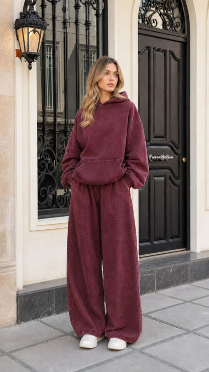 Women's Vintage Washed Oversized Hoodie and Wide-Leg Sweatpants Set