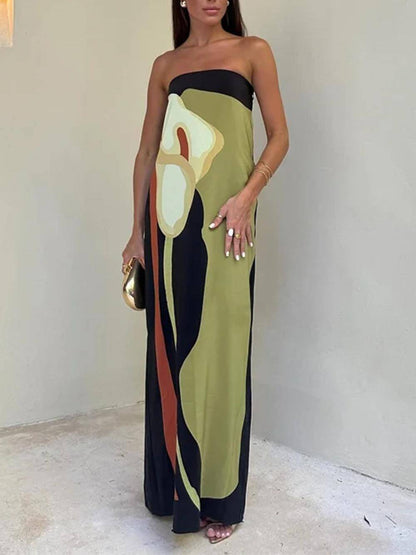 Off Shoulder Fashion Contrast Sleeveless Printed Maxi Dress